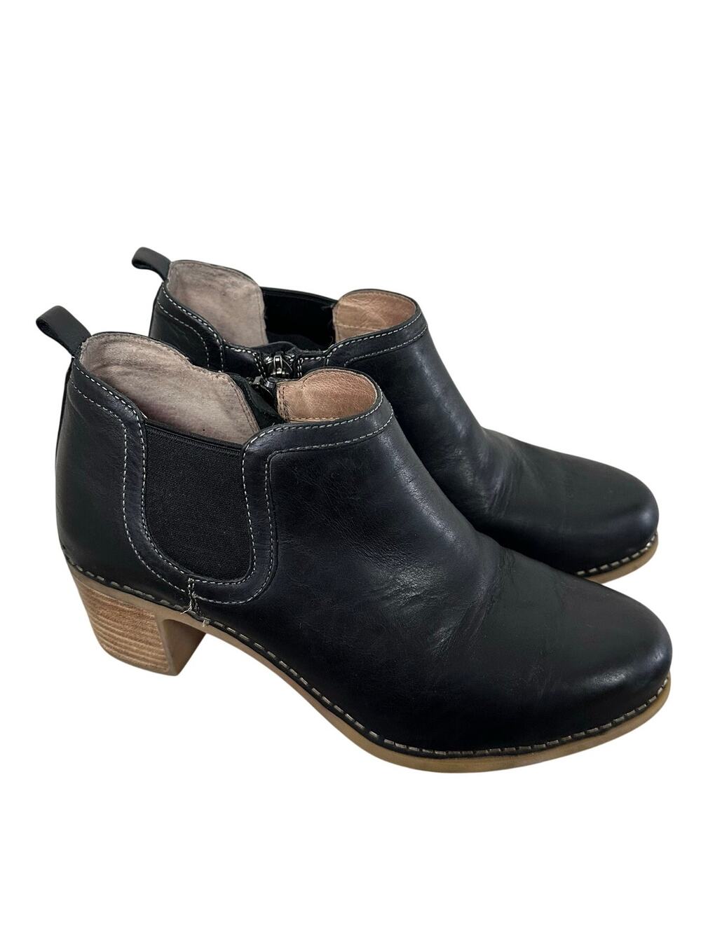 Dansko Women’s Black Leather Ankle Booties Size 39 (US 8.5–9) Stacked Block Heel